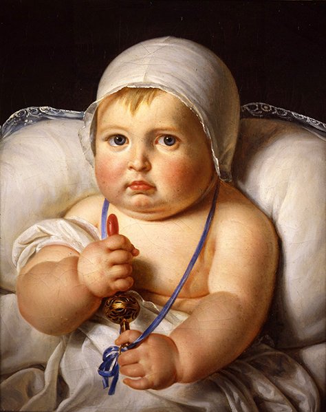 Baby med skallra (olja på duk) av Marguerite Gerard