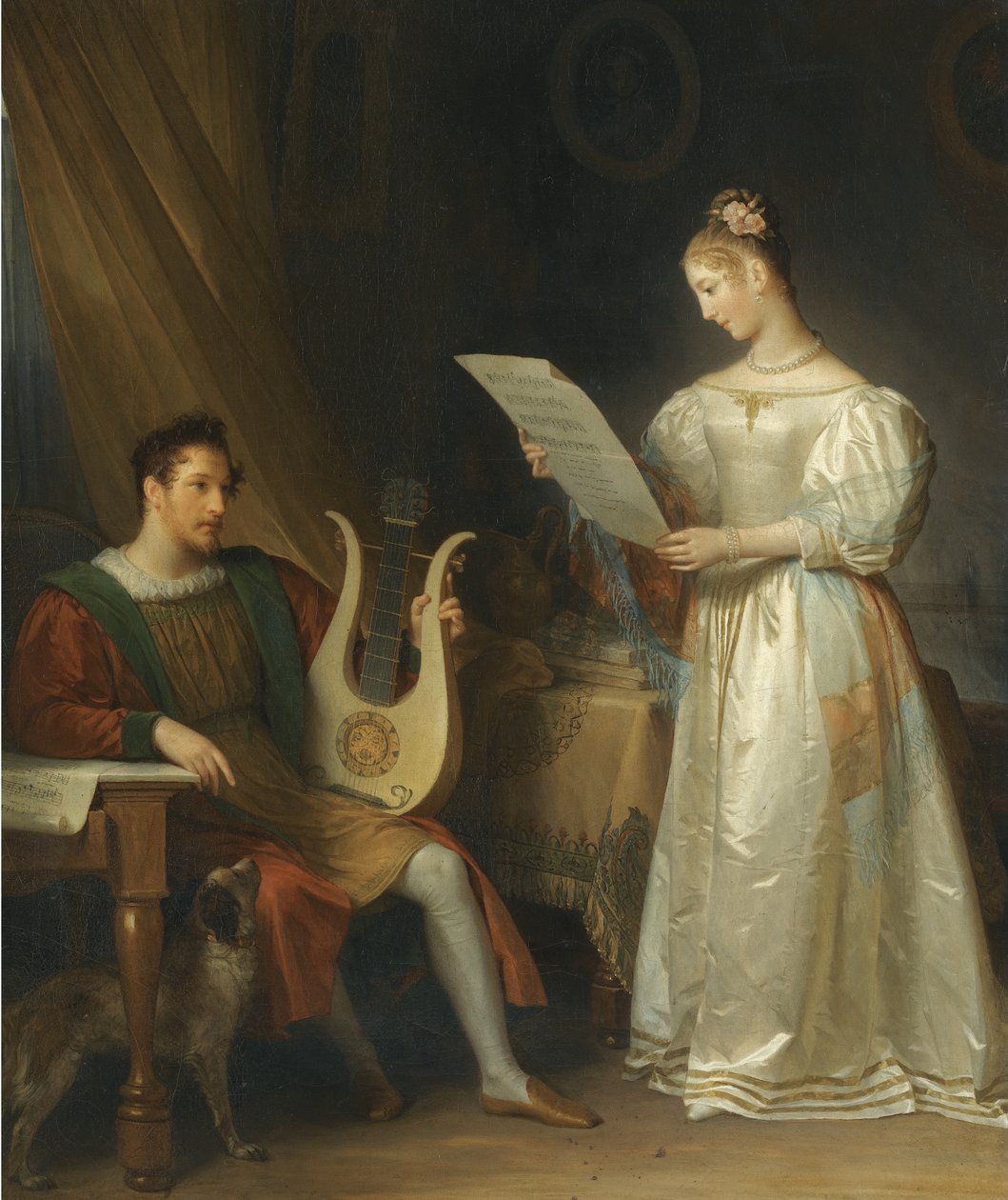 Interiör med en man som håller en lyra och en kvinna med ett partitur av Marguerite Gerard
