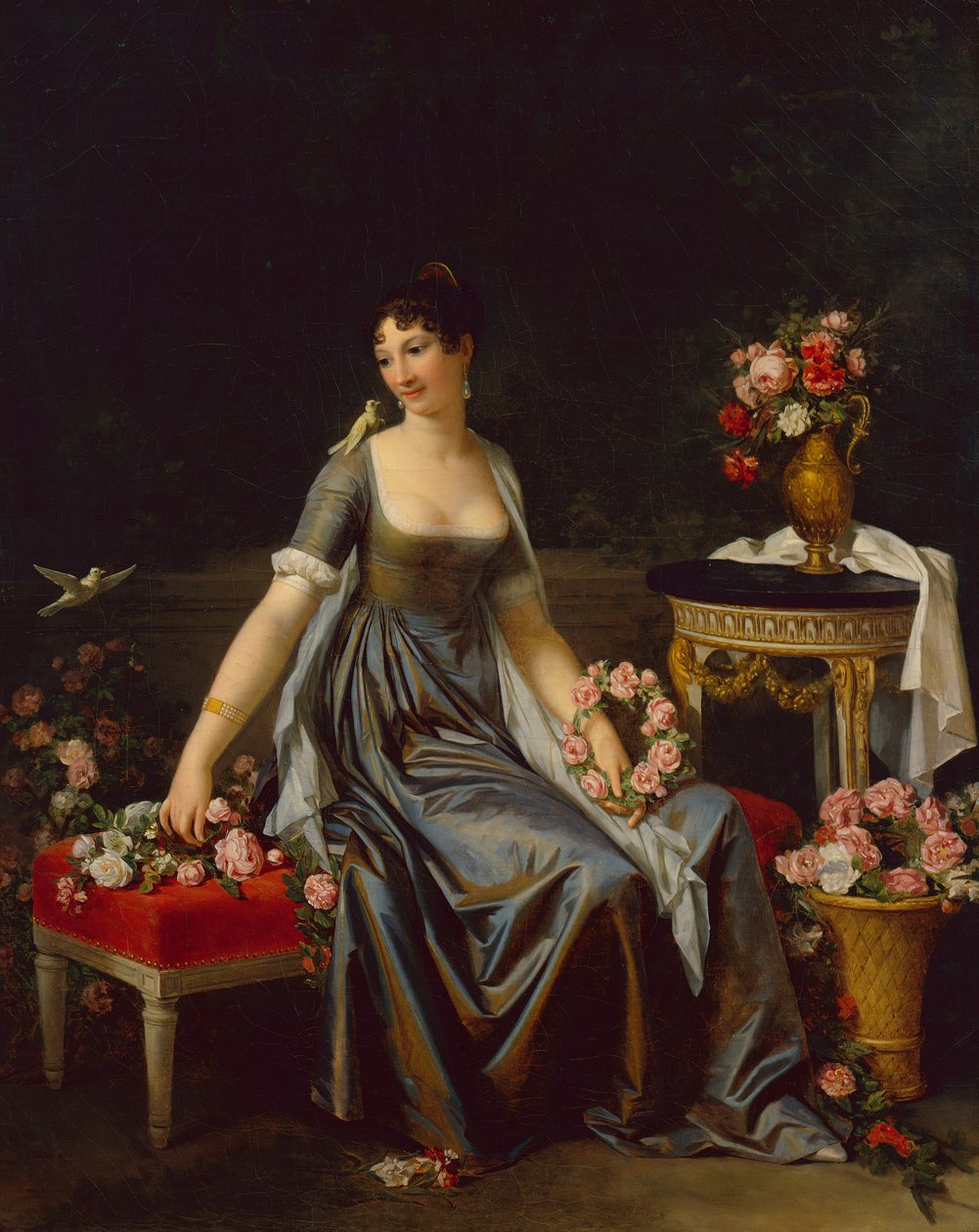 Porträtt av en dam, omgiven av blommor och fåglar, ca 1800 (olja på duk) av Marguerite Gerard