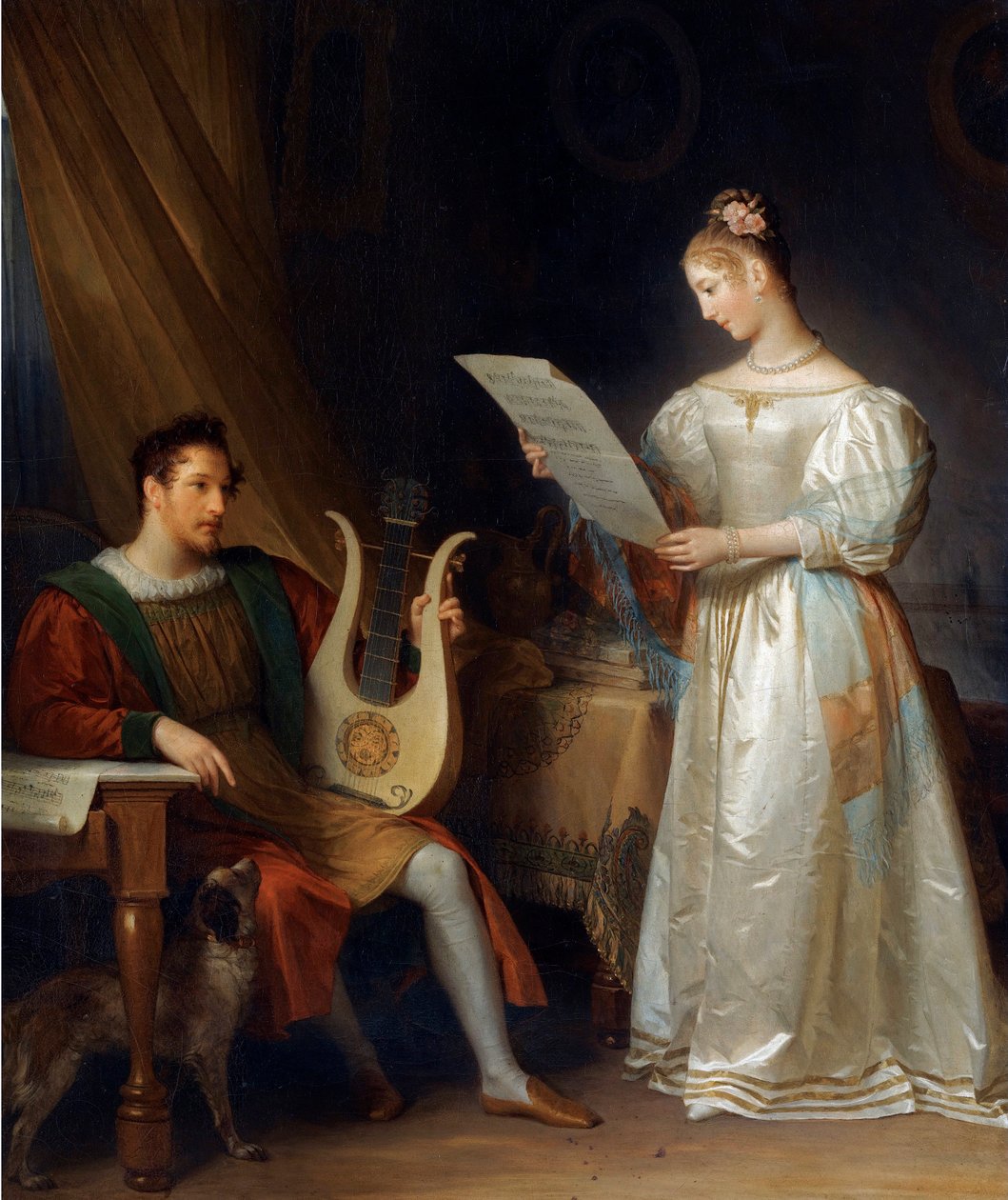 ""En man som håller en lyra och en kvinna som håller ett partitur i en interiör"" (Interiör med en man som håller en lyra och en kvinna med ett musikpartitur) Målning av Marguerite Gerard (1761-1837), - Olja på duk Dim 64 5x55 cm Privat samling av Marguerite Gerard