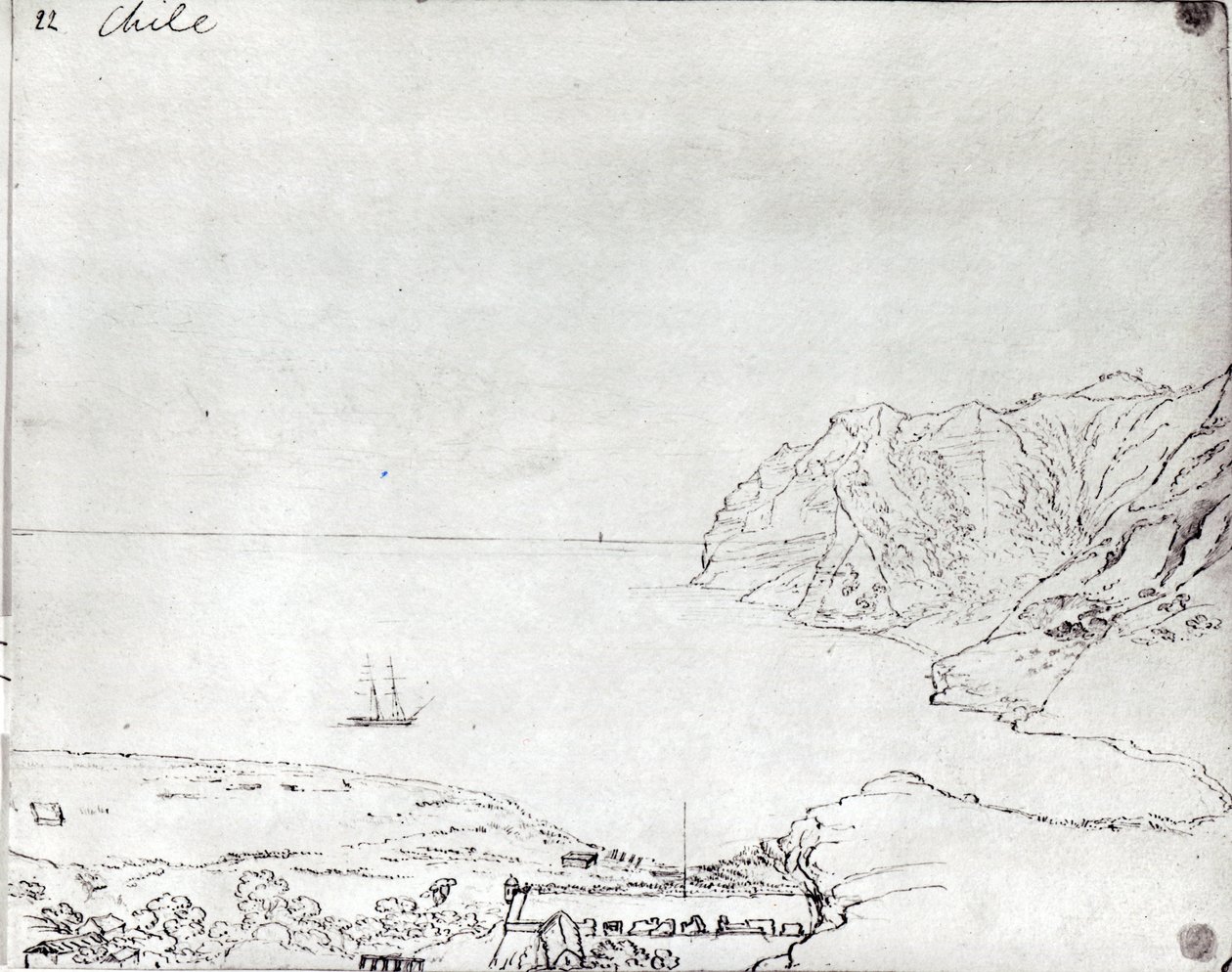 Utsikt över kusten utanför Chile (penna och bläck på papper) av Maria Callcott
