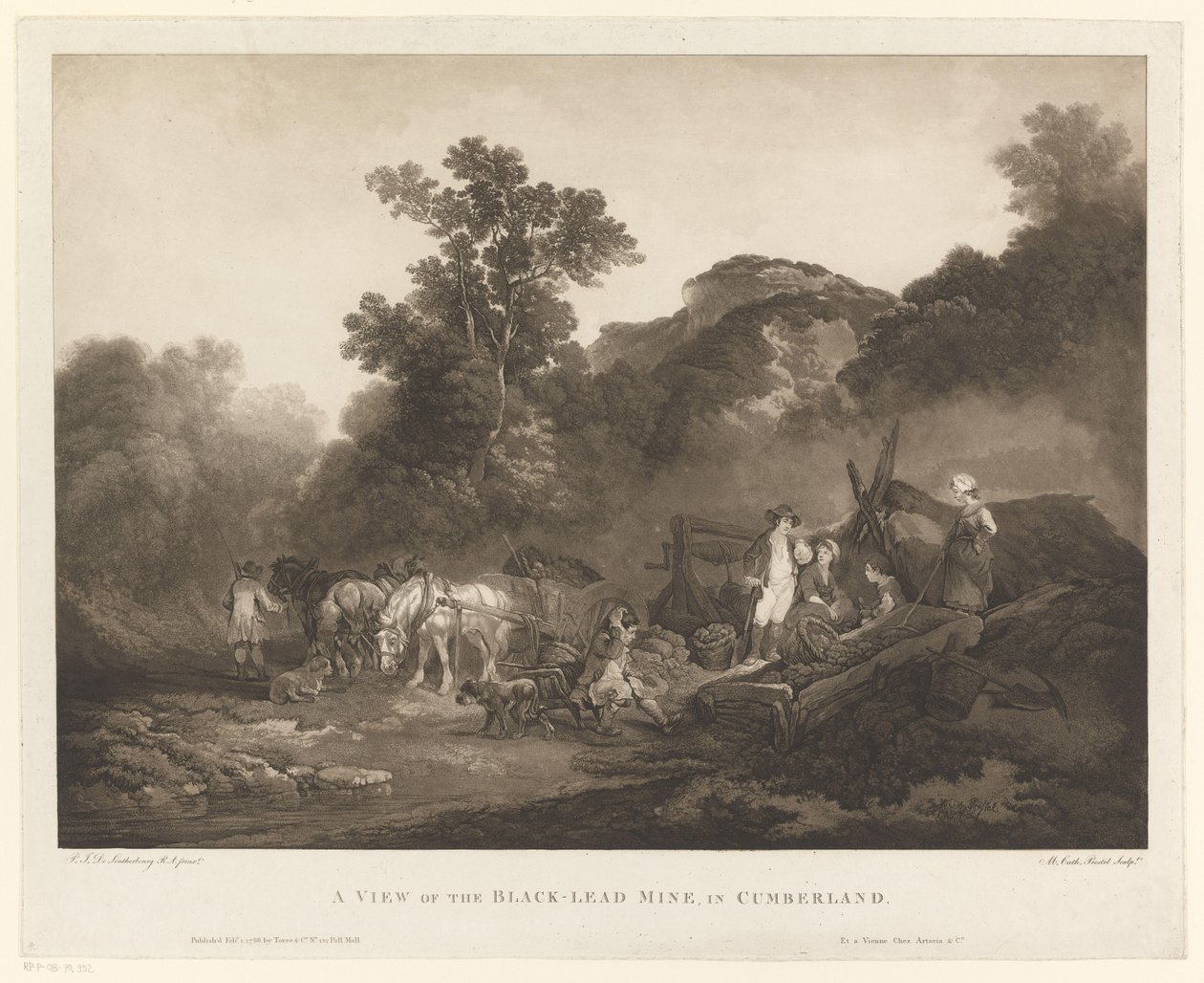 Arbetare vilar vid Cumberland Coal Mine A View of the Black-Lead Mine, i Cumberland (titel på objekt) av Maria Catharina Prestel