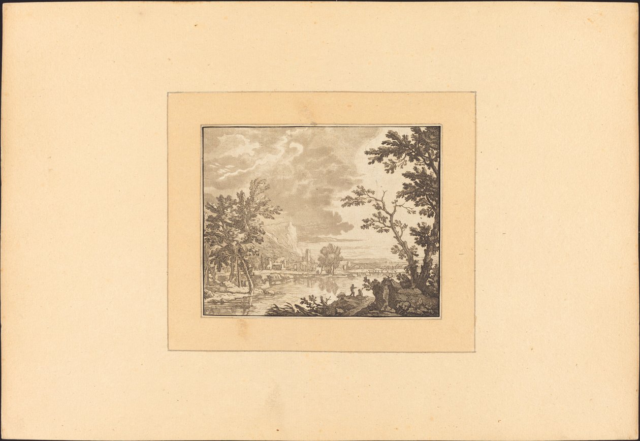 Landskap med flod och stad av Maria Catharina Prestel after Jan van Huysum