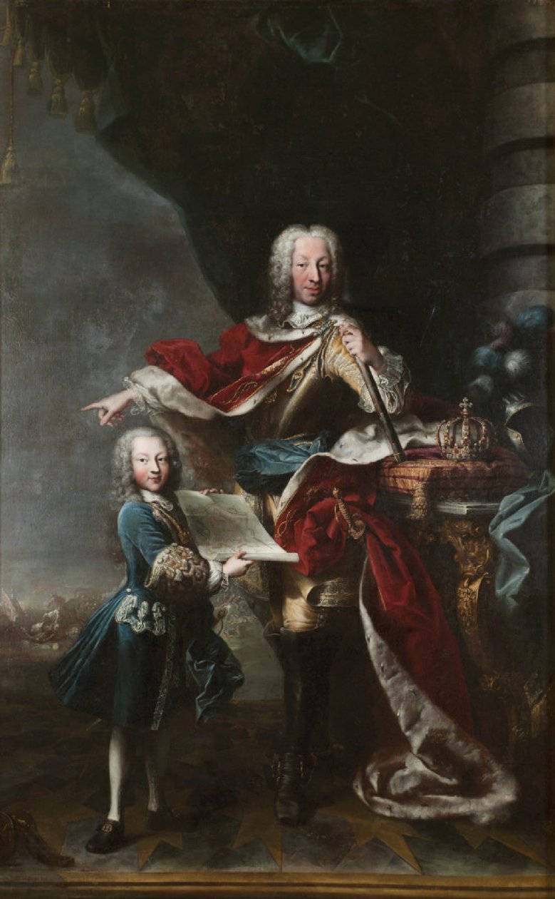 "Victor Amadeus III som barn visar sin far Charles Emmanuel III av Savojen kartan över Milanos slott. porträtt av Charles Emmanuel III och Victor Amadeus III av Savojen". av Maria Giovanna Clementi