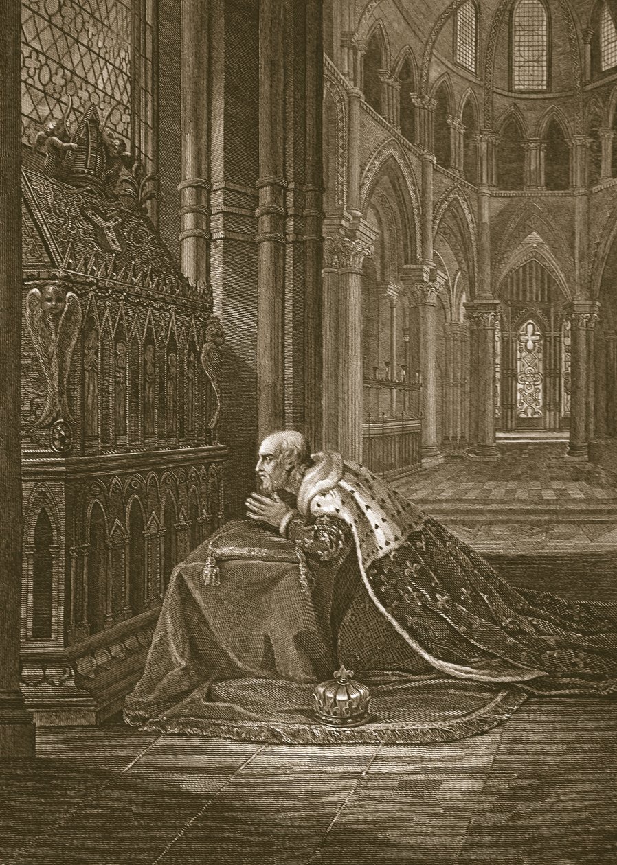 Lewis VII, kung av Frankrike, före Becketts grav, graverad av W. Sharp, illustration från David Humes "The History of England", pub. av R. Bowyer, London, 1812 av Maria Hadfield Cosway
