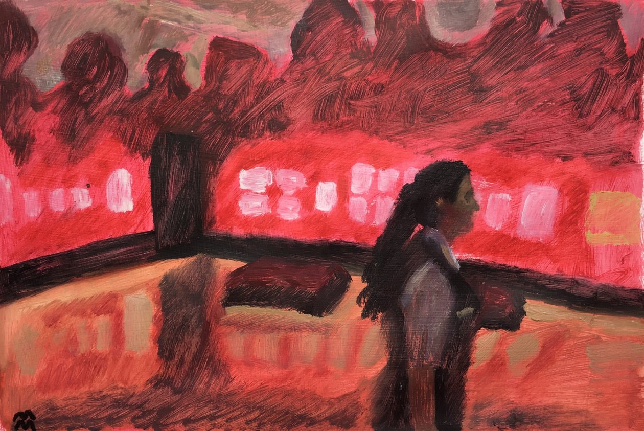Chambre Cramoisie, 2019 (olja på papper) av Maria Magenta