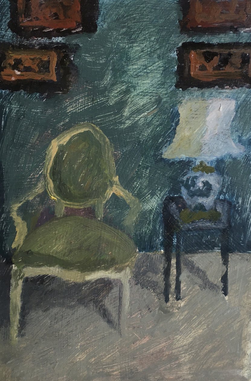Interiör med fåtölj och lampa, 2019 (olja på papper) av Maria Magenta
