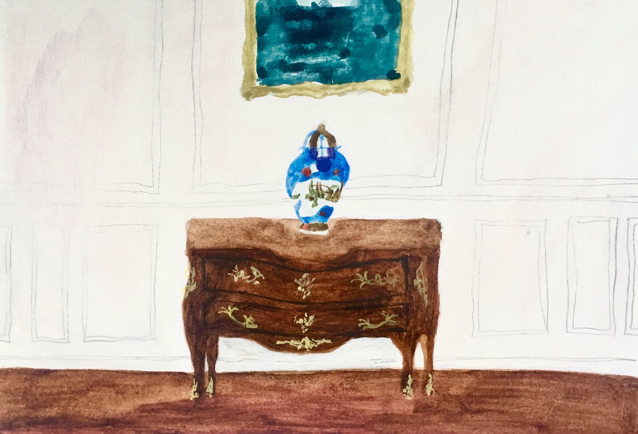 Interiör med kinesisk vas, 2019 (akvarell och tempera på papper) av Maria Magenta