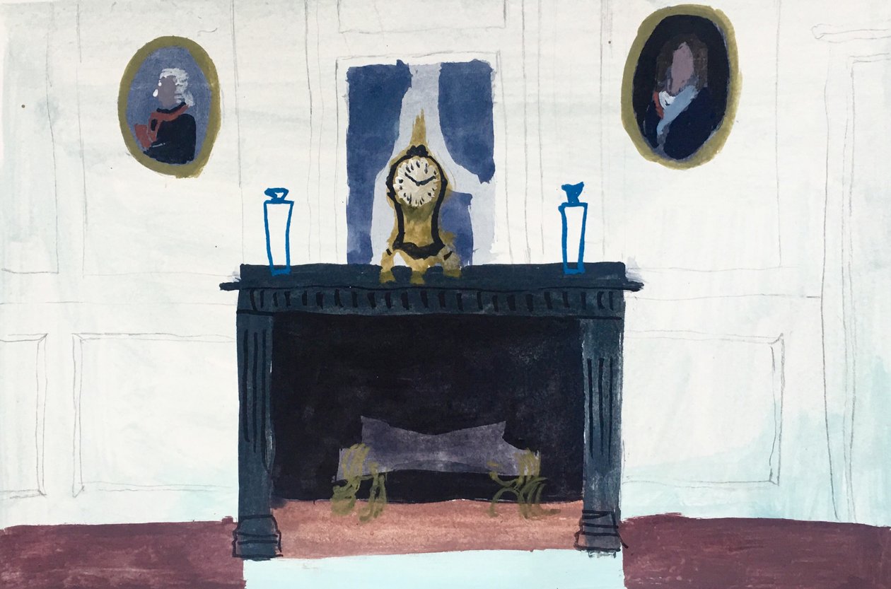 Interiör med klocka, 2018 (akvarell och tempera på papper) av Maria Magenta