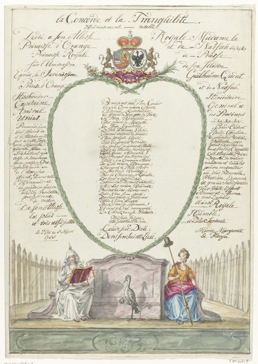 Vers för prinsessan Wilhelmina på prins William V:s fyrtioårsdag, 1788 la Concorde et la Tranquilité (titel på objekt) av Maria Margaretha la Fargue