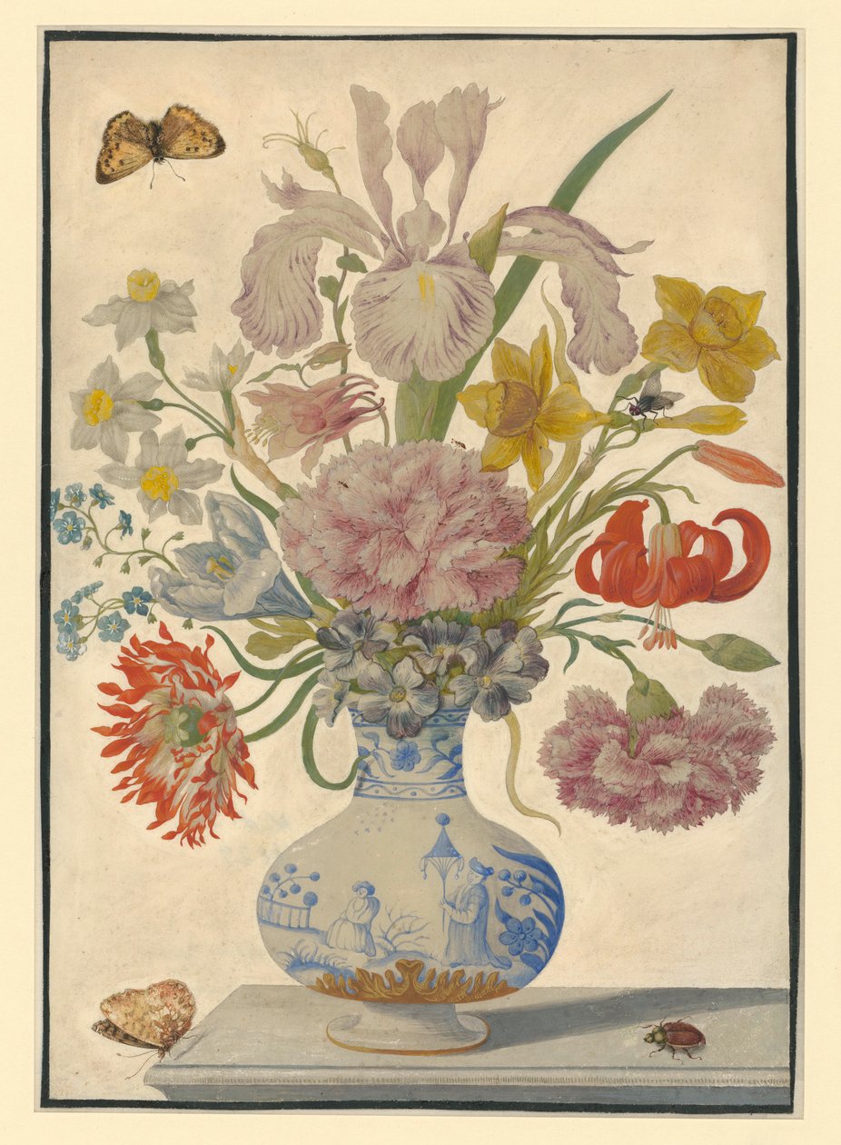 Kinesisk vas med iris, liljor och nejlikor. På bordet en fjäril till vänster och en ollonborre till höger av Maria Sibylla Merian