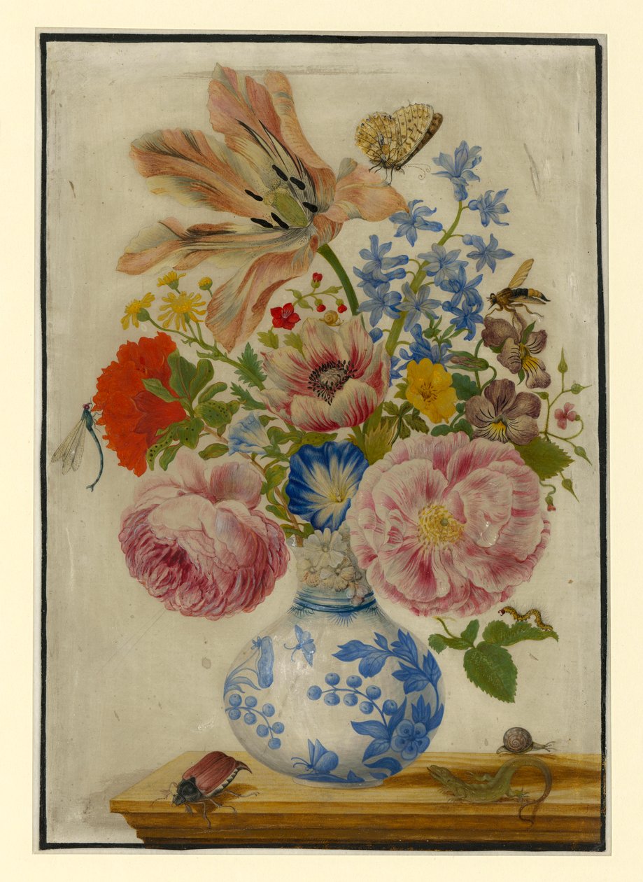 Kinesisk vas med rosor, vallmo och nejlikor av Maria Sibylla Merian