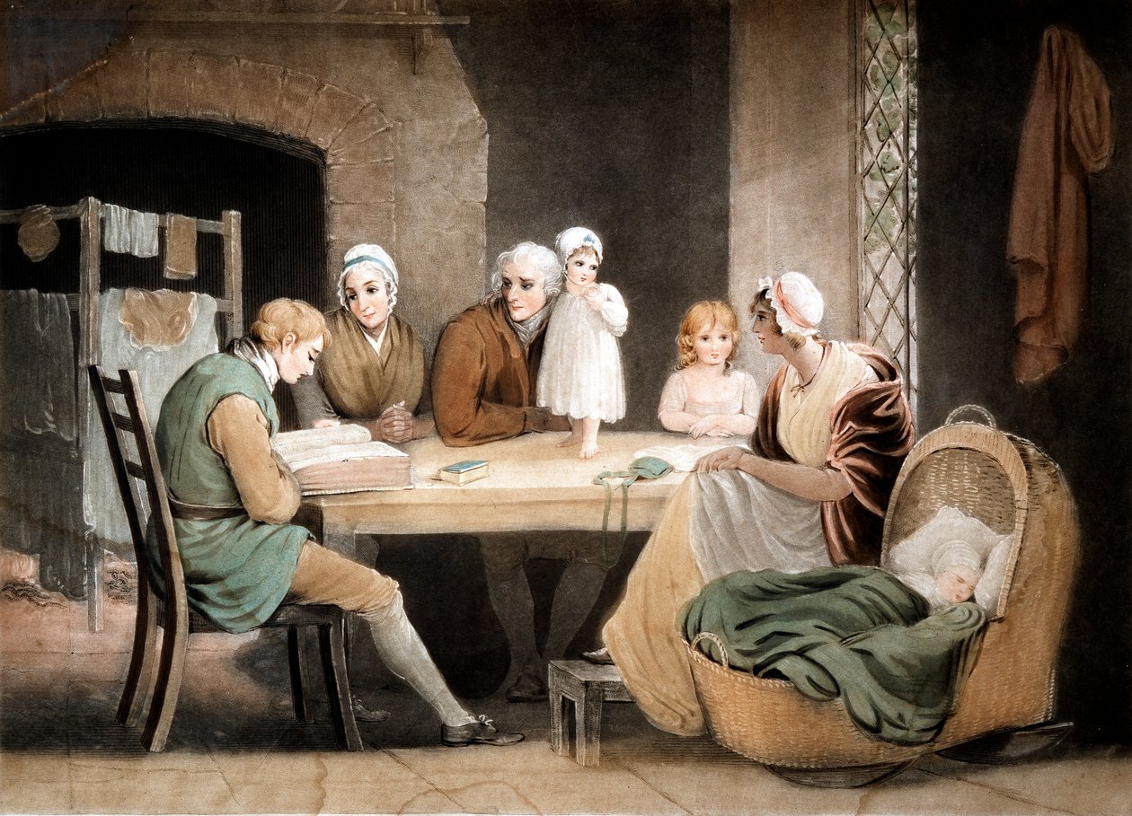 Tre generationer lyssnar på en läsning ur familjebibeln, c1800 av Maria Spilsbury