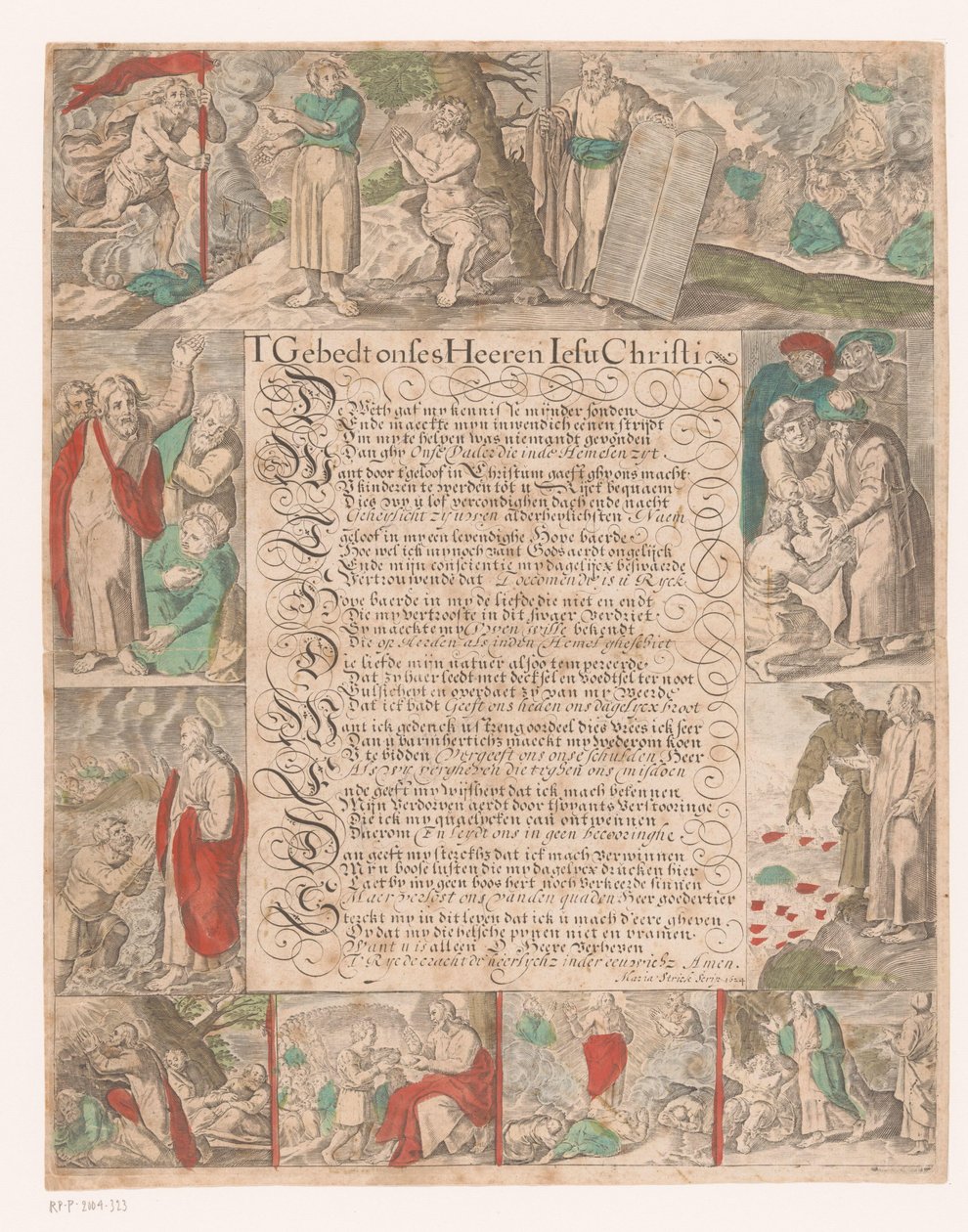 Kalligraferad text som visar scener ur Kristi liv T Prayer Onses Heeren Iesu Christi (titel på objekt) av Maria Strick Becq