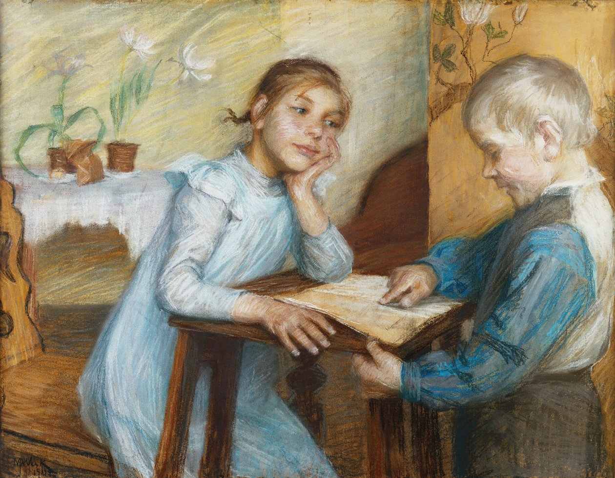 En interiör med en pojke som läser för en flicka, 1912 av Maria Wiik