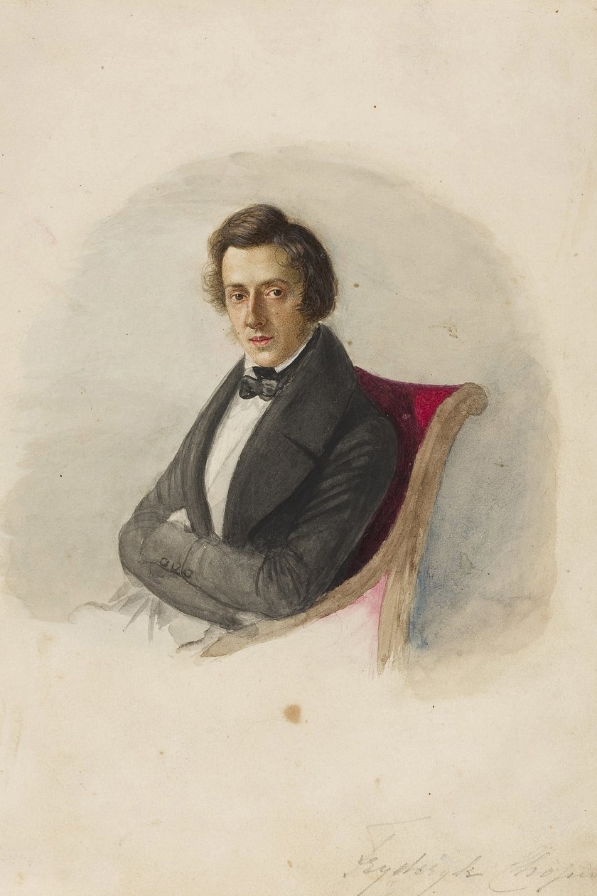 Porträtt av Frederic Chopin (1810-1849) par Wodzinska, Maria (1819-1896). Akvarell och tusch på kartong av Maria Wodzinska