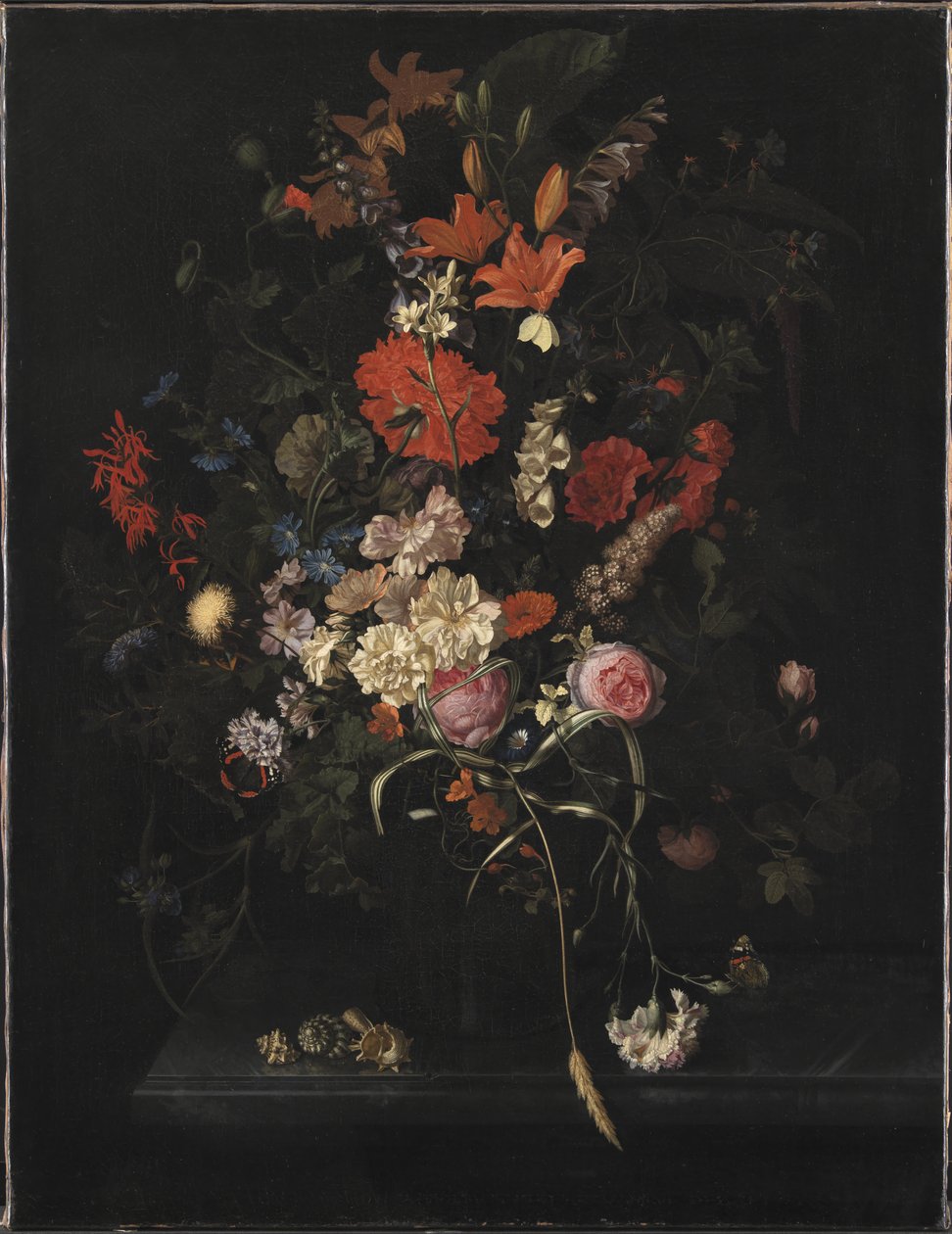 Bukett blommor i en glasvas av Maria van Oosterwijck