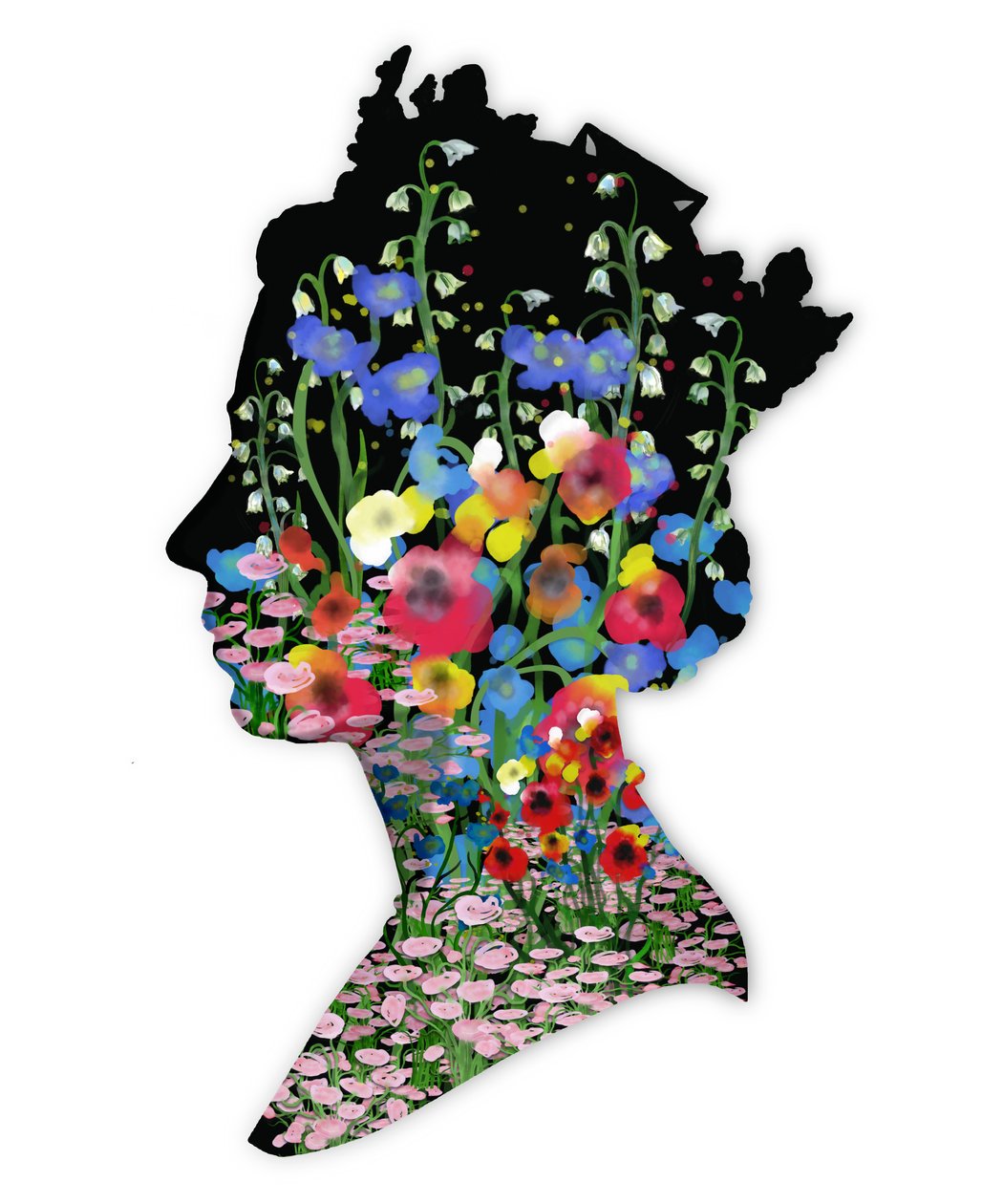 Hennes Majestät Drottning Elizabeth II, Blomsterhyllning, 2022 (akvarell, digital) av Marianna Kulukundis