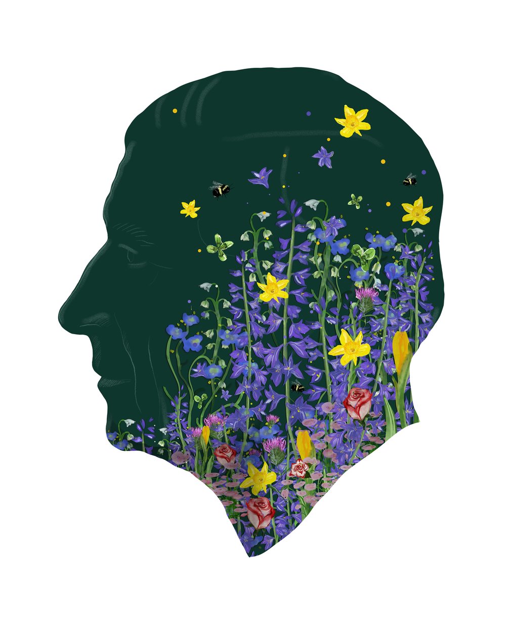 Kung Karl III, blomsterporträtt från kröningen, 2023 (akvarell, digital) av Marianna Kulukundis