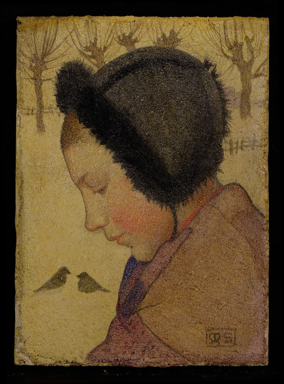 Chef för en ung flicka i en pälsmössa (olja och gesso ombord) av Marianne Stokes