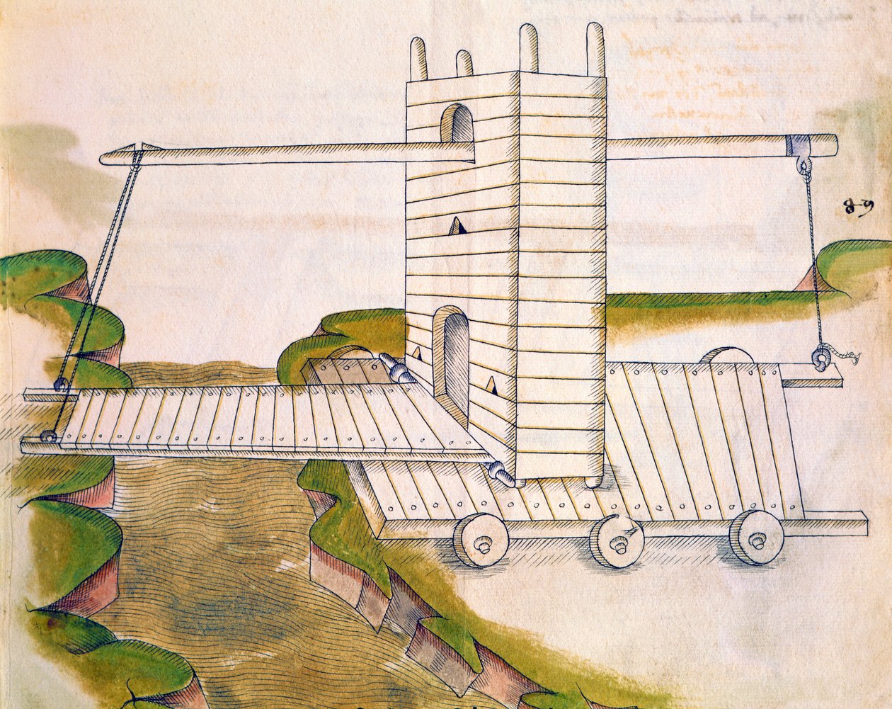 Design för en maskin med vindbrygga på hjul för användning i krigföring eller belägring, illustration från De Machinis (penna och bläck och wc på papper) av Mariano di Jacopo 1382 c.1453 after Mariano di Jacopo 1382 c.1453 after