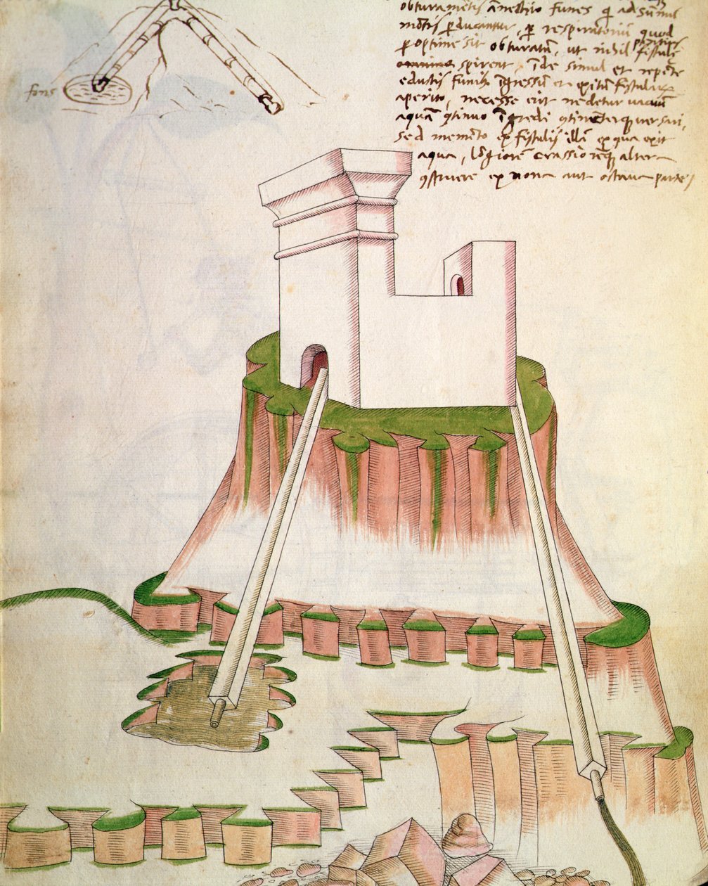 Design för att tillföra vatten till en byggnad med hjälp av rör som drar vatten från brunnar, illustration från De Machinis (penna och bläck och wc på papper) av Mariano di Jacopo 1382 c.1453 after Mariano di Jacopo 1382 c.1453 after