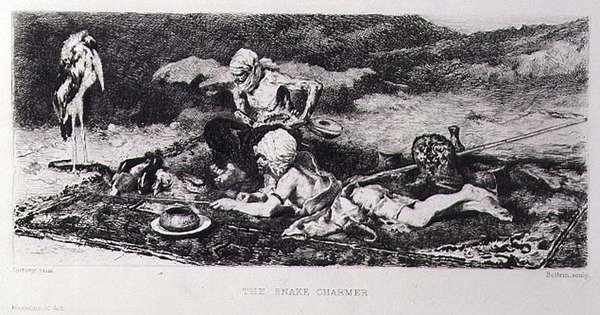 Snake Charmer, graverad av Emile Boilvin (1845-99) (gravyr) av Mariano (after) Fortuny