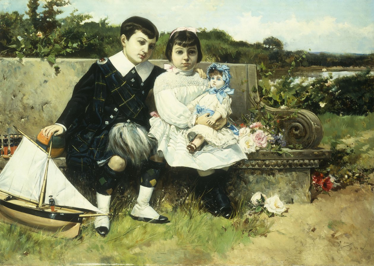 Två barn sitter på en parkbänk, 1882 av Mariano Barbasan Lagueruela
