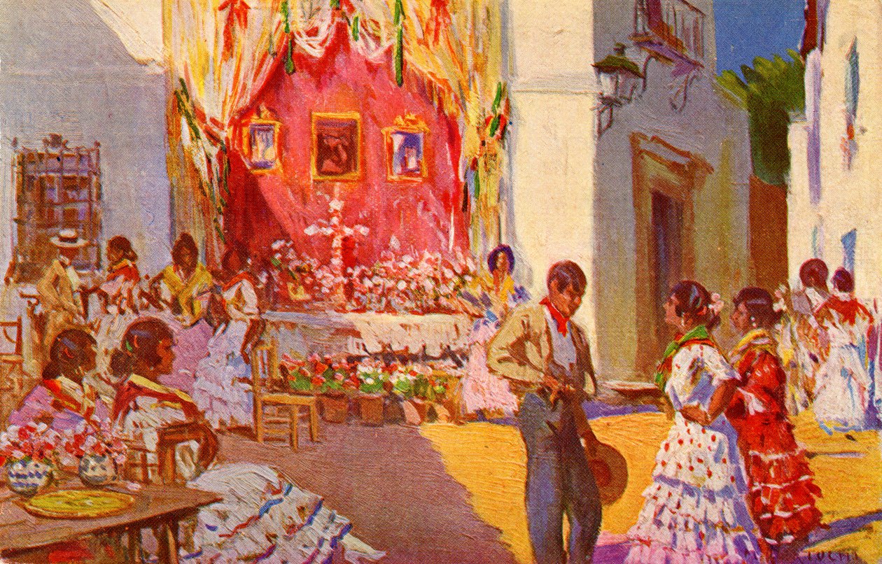 Gatualtare för La Cruz de Mayo-festivalen. Sevilla, Spanien (illustration) av Mariano Bertuchi