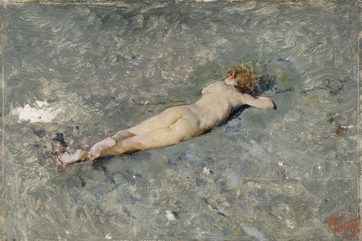 Naket barn som ligger på stranden vid Portici (naken på stranden i Portici) - Målning av Mariano Fortuny (1838-1874) av Mariano Fortuny y Marsal
