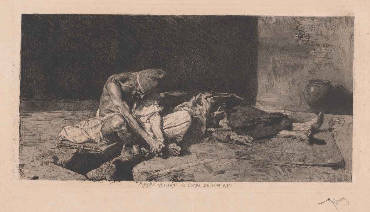 Arabe veillant le corps de son ami (arab som vakar över sin väns kropp) av Marià Fortuny