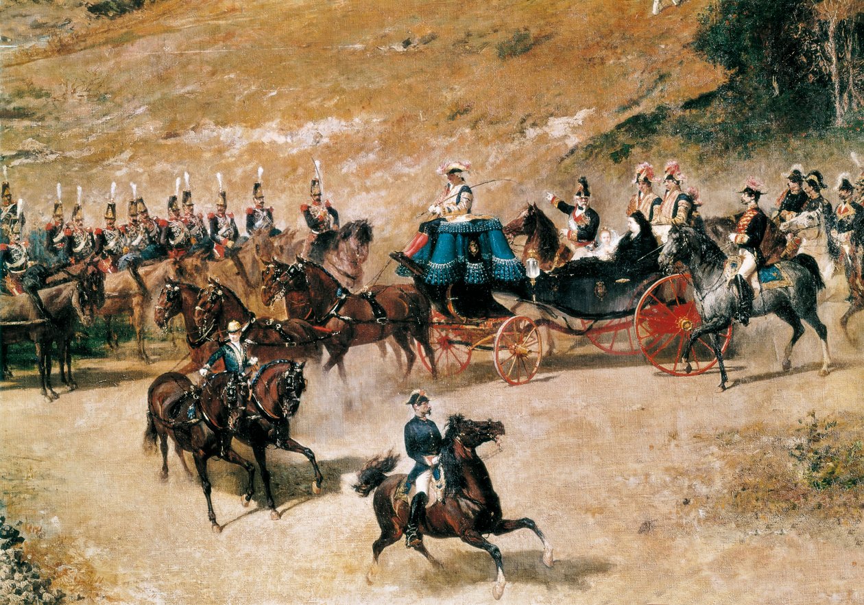 Drottning María Cristina och hennes dotter, Isabel II, granskar artilleribatterierna som försvarar Madrid 1837, detalj, ca. 1866 (olja på duk) av Mariano José María Bernardo Fortuny y Carbó