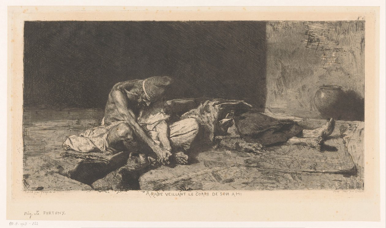 Arabisk man vakar över sin väns döda kropp Arabe veillant sur le corps de son ami (titel på objekt) av Mariano José María Bernardo Fortuny y Carbó
