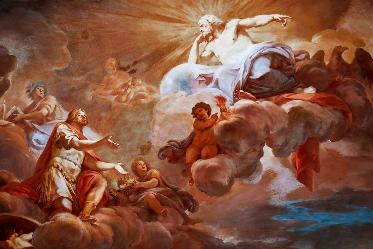 Romulus välkomnas i Olympus av Jupiter. Detalj av "Apotheosis of Romulus" 1775 -1779, fresk av Mariano Rossi