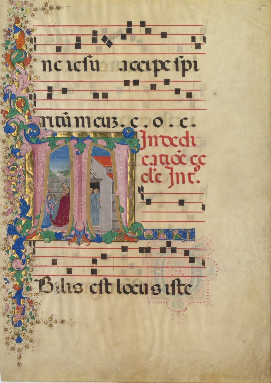 Manuskriptblad med invigning av en kyrka i ett initialt T, från en Gradual, 2:a hälften av 1400-talet. av Mariano del Buono