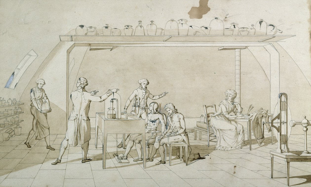 Antoine Lavoisier (1743-94) och hans experiment i andning (penna och bläck och sepiatvätt på papper) av Marie Anne Pierrette Lavoisier