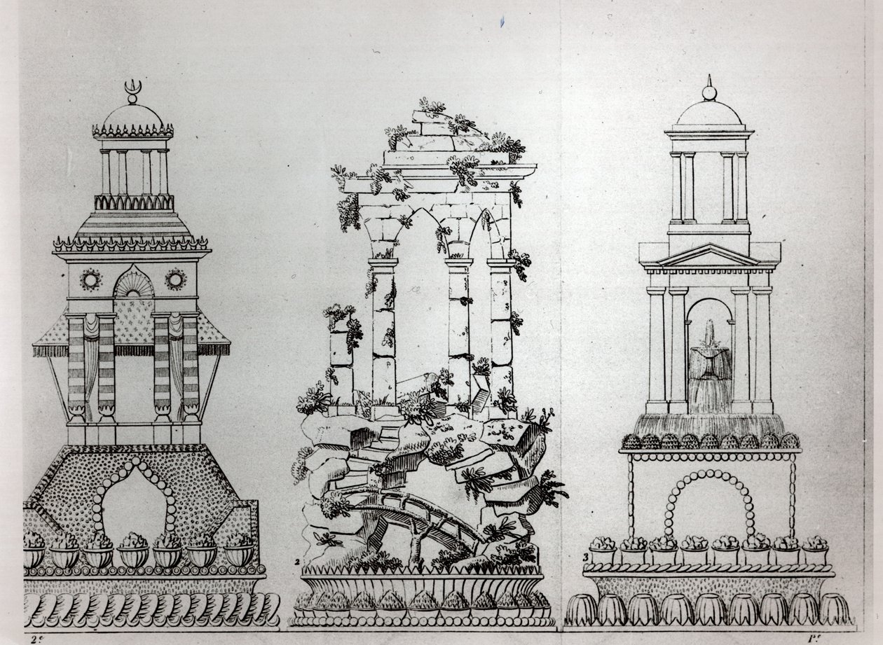 Ritningar för dekoration av bakverk från "Le Patissier Royal parisien" av Careme, plansch 28, Leipzig och Paris, publicerad 1854. av Marie Antoine Careme