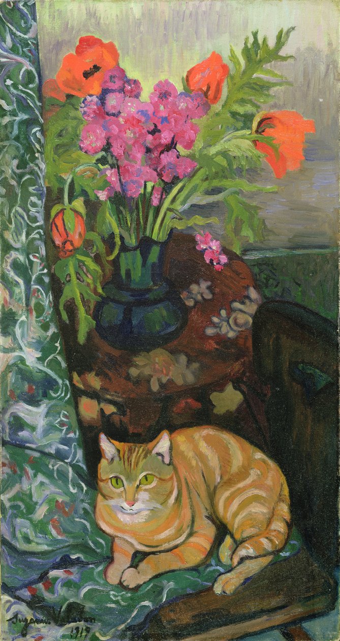 Bukett och katt, 1919 av Marie Clementine (Suzanne) Valadon