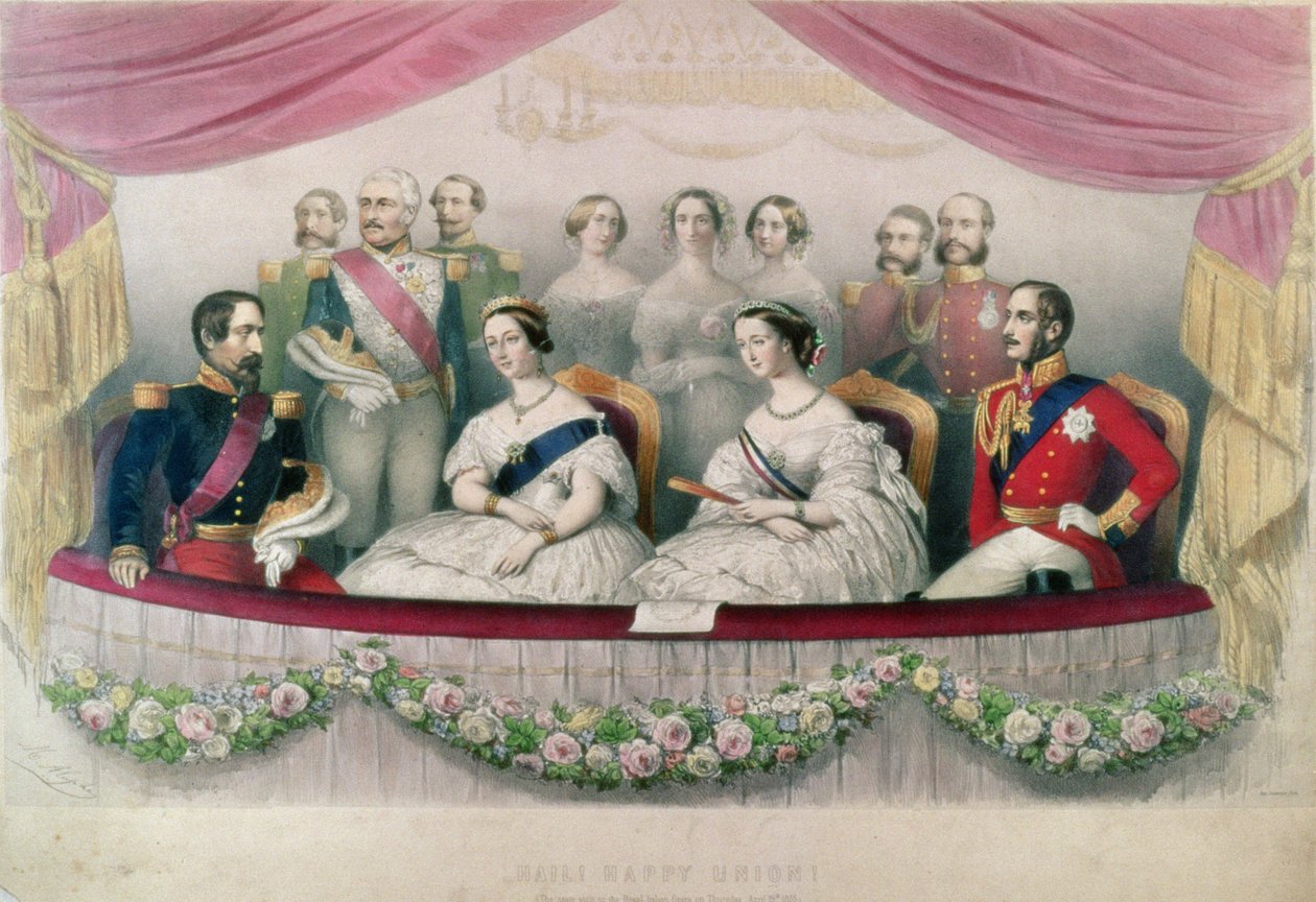 Hail Happy Union, statsbesöket på den kungliga italienska operan av drottning Victoria, prins Albert och kejsaren och kejsarinnan av Frankrike, 1855 av Marie Alexandre Alophe