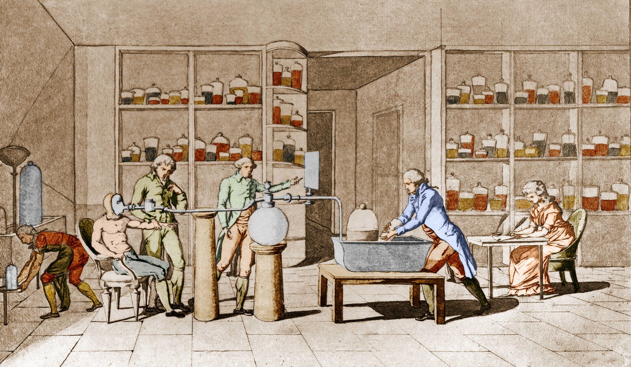 Antoine Laurent de Lavoisier (1743-1794), fransk kemist, har en erfarenhet av andning av en vilande människa. Från ritningen av Mme Lavoisier.Paris 1700-tal. Leemage samling av Marie Anne Pierrette Lavoisier