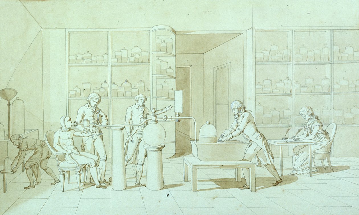 Antoine Lavoisier (1743-94) och hans experiment i andning (penna och bläck och sepiatvätt på papper) av Marie Anne Pierrette Lavoisier