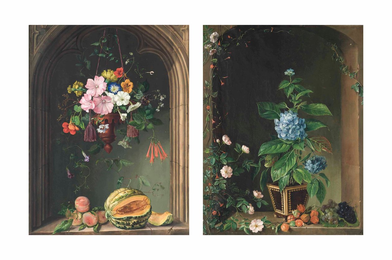 Nasturtiums, convolvulus, pelargoner, petunior och andra blommor i en tacka upphängd under en båge över persikor och en melon; och hortensior, rosor, murgröna, vindruvor och andra blommor i en båge (olja på duk) av Marie Auersperg