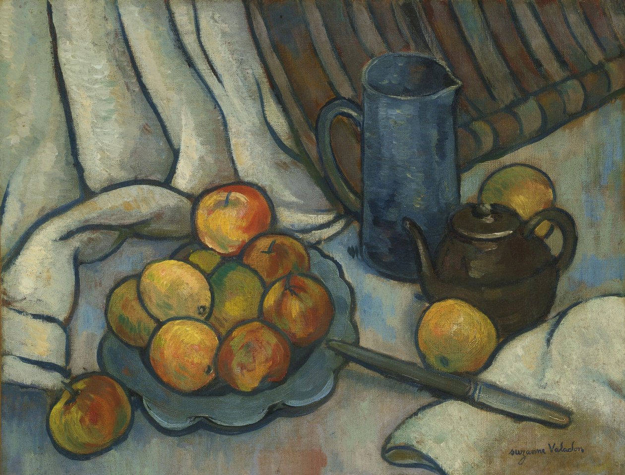 Äpplen, tekanna och kanna, ca 1919 av Marie Clementine (Suzanne) Valadon