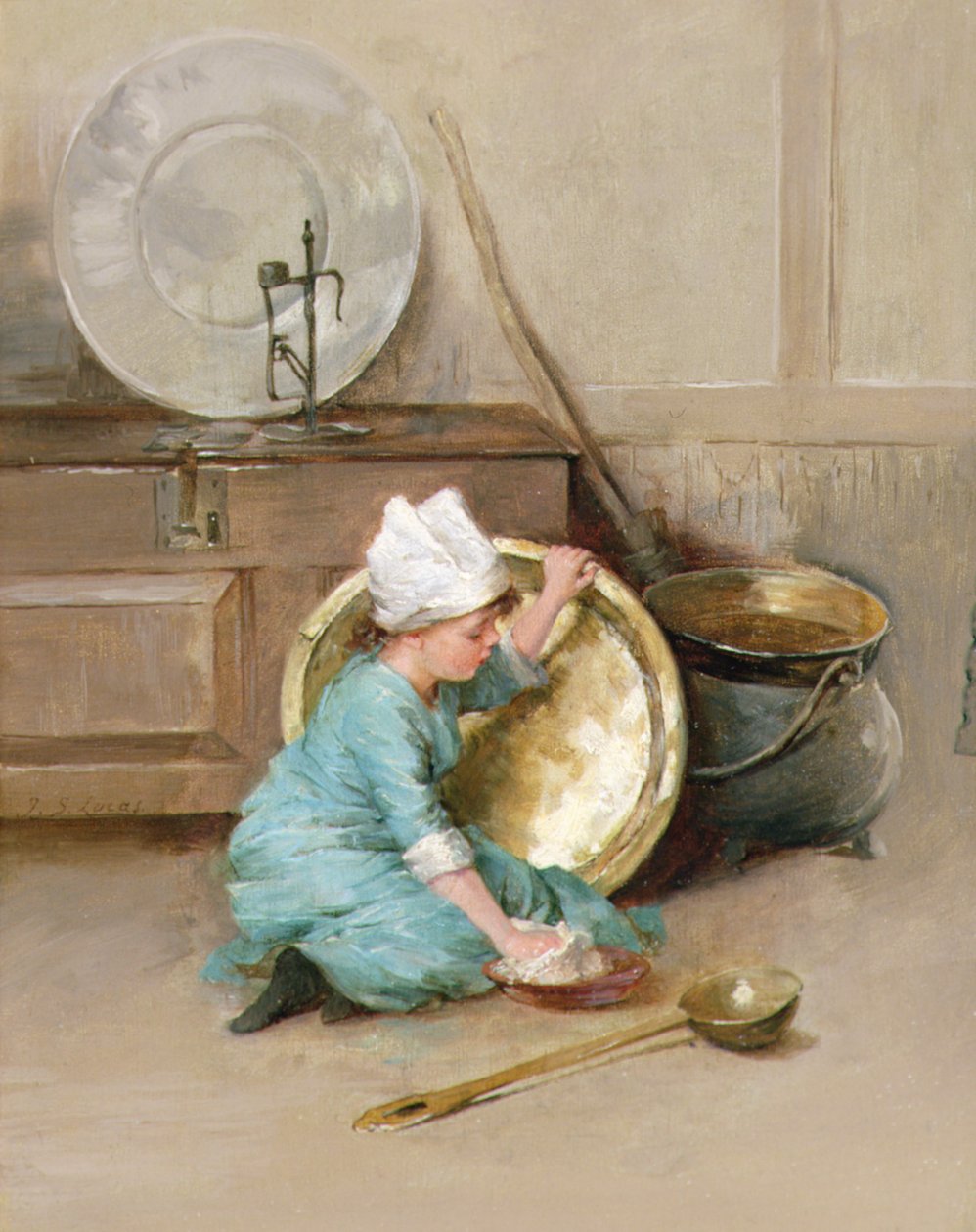 Polering av mässing, ca 1900 (olja på panel) av Marie Elizabeth Seymour Lucas