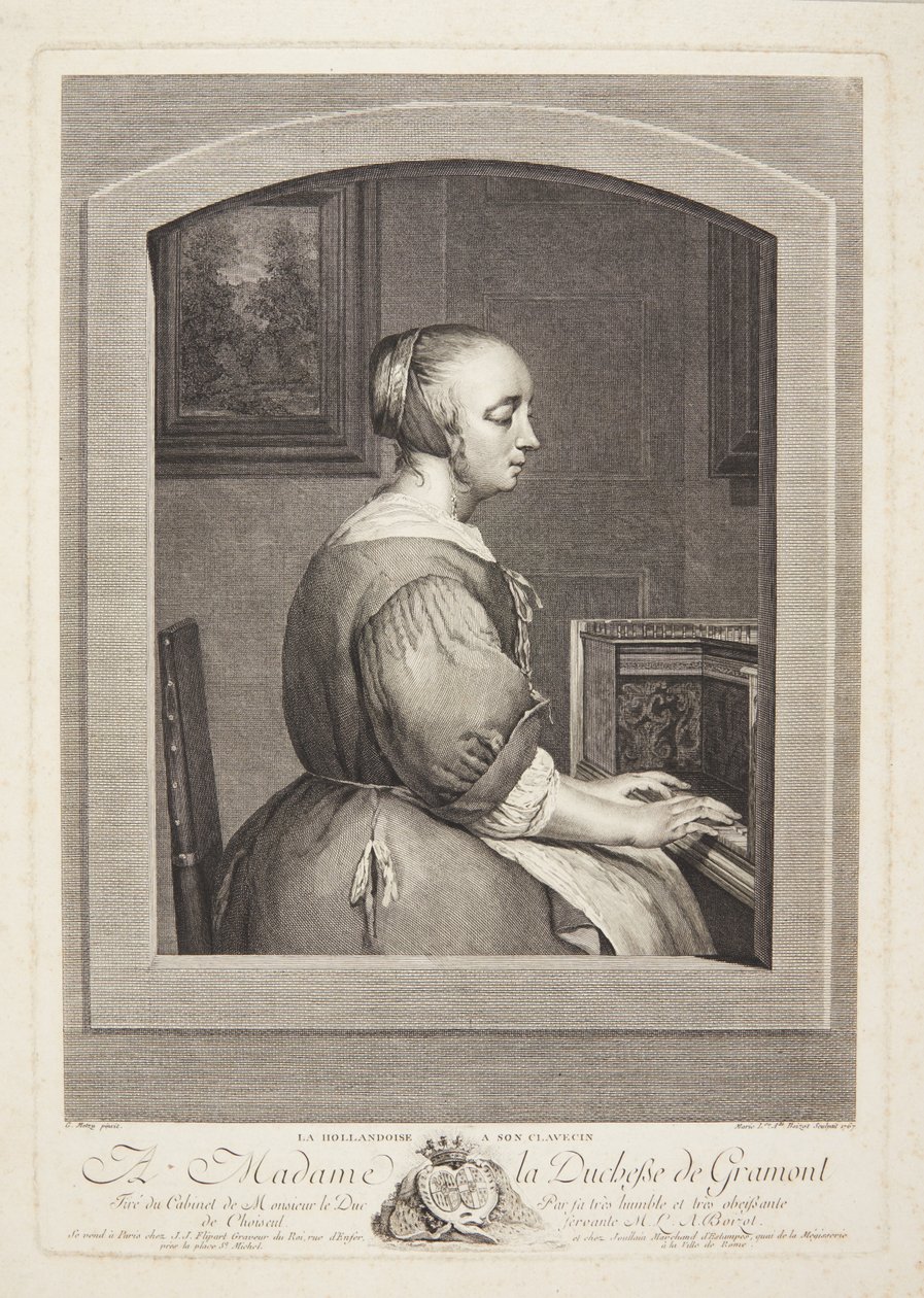 En holländsk kvinna spelar cembalo, sett genom ett fönster av Marie Louise Adélaïde Boizot