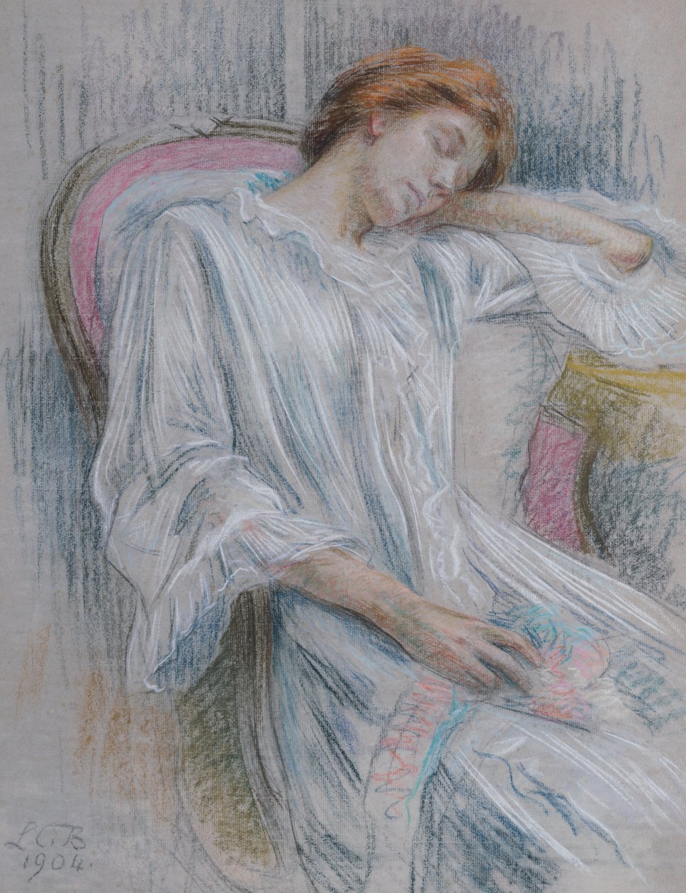 Ung kvinna sover i en stol av Marie Louise Catherine Breslau