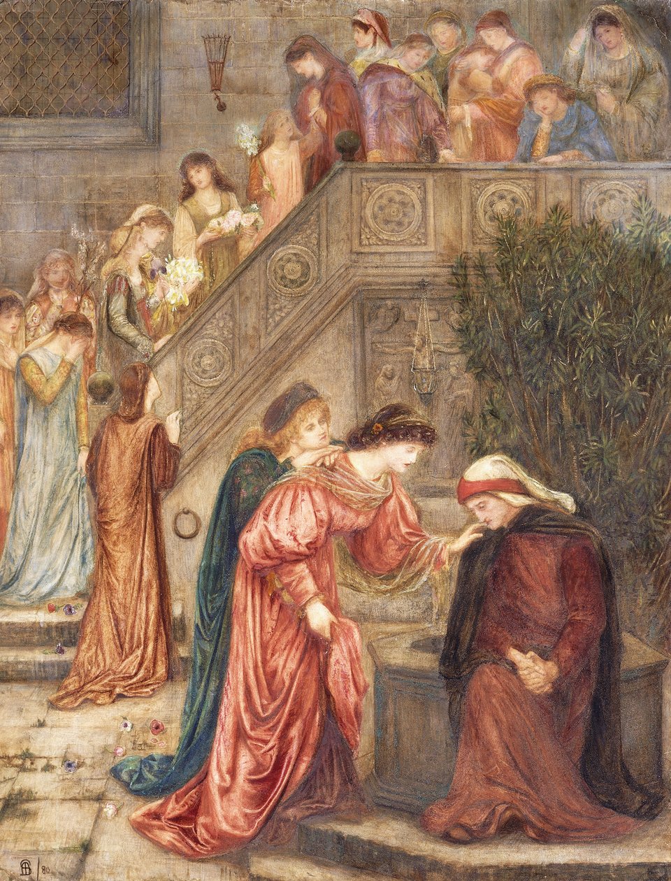Vissa damer i hennes sällskap samlades med Beatrice när hon höll sig ensam i sin gråt, och när de gick in och ut, hörde jag dem tala om henne." av Marie Spartali Stillman