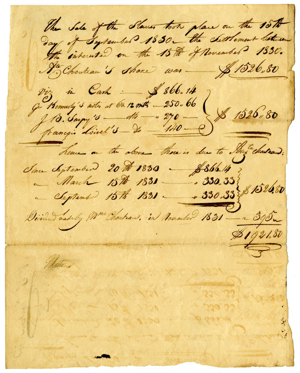 Document regarding sale of slaves and share coming to various individuals, November 1831 av Marie Therese Cerre Chouteau