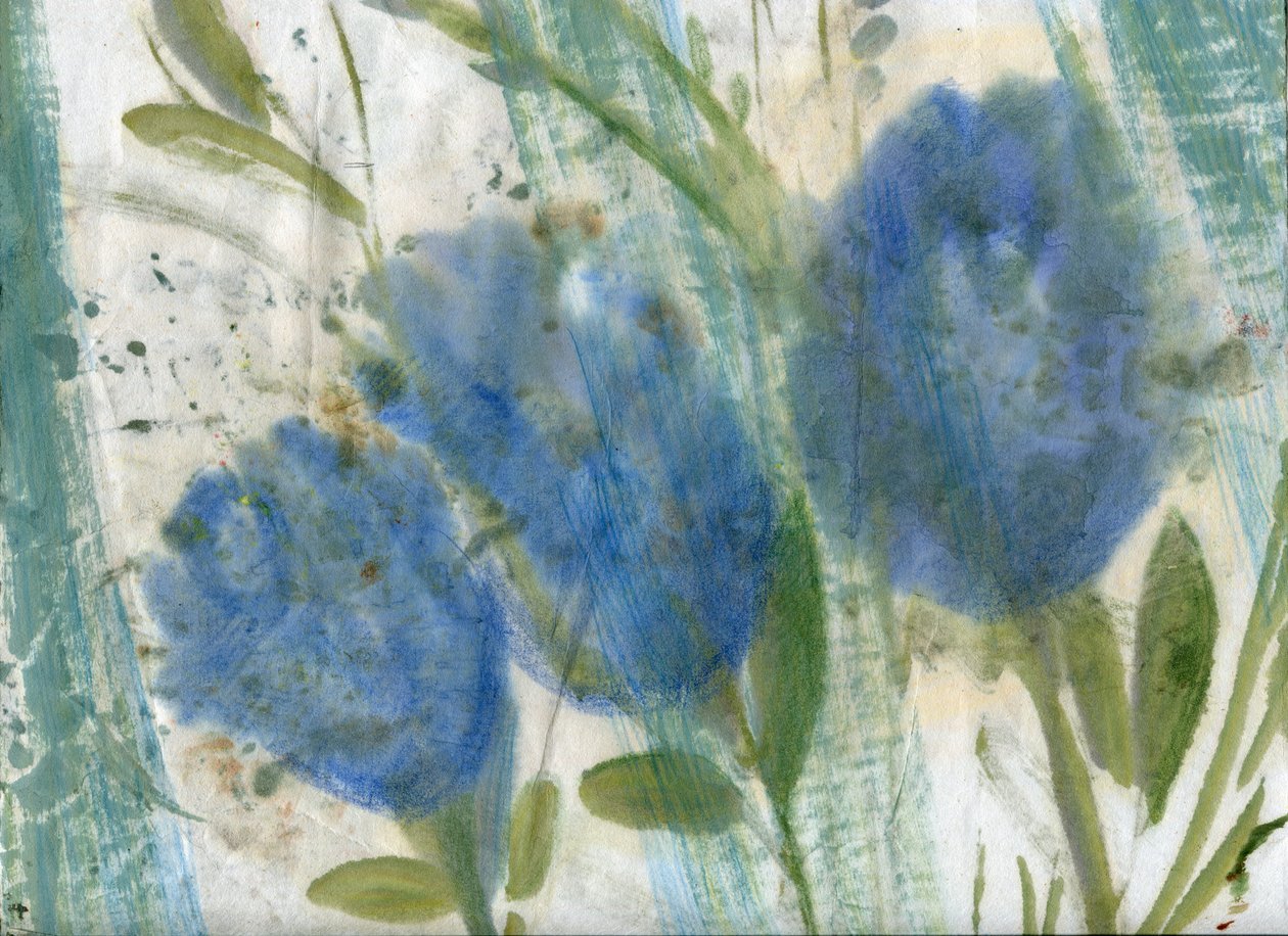 Blå blommor, 2020 (blandteknik på A4-papper) av Marina Falco