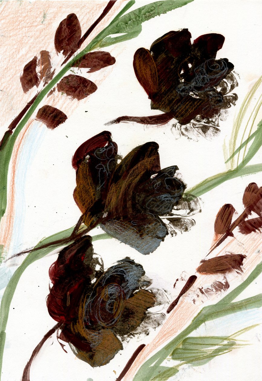 Torra blommor, 2020 (olja och blandteknik på A4-papper) av Marina Falco